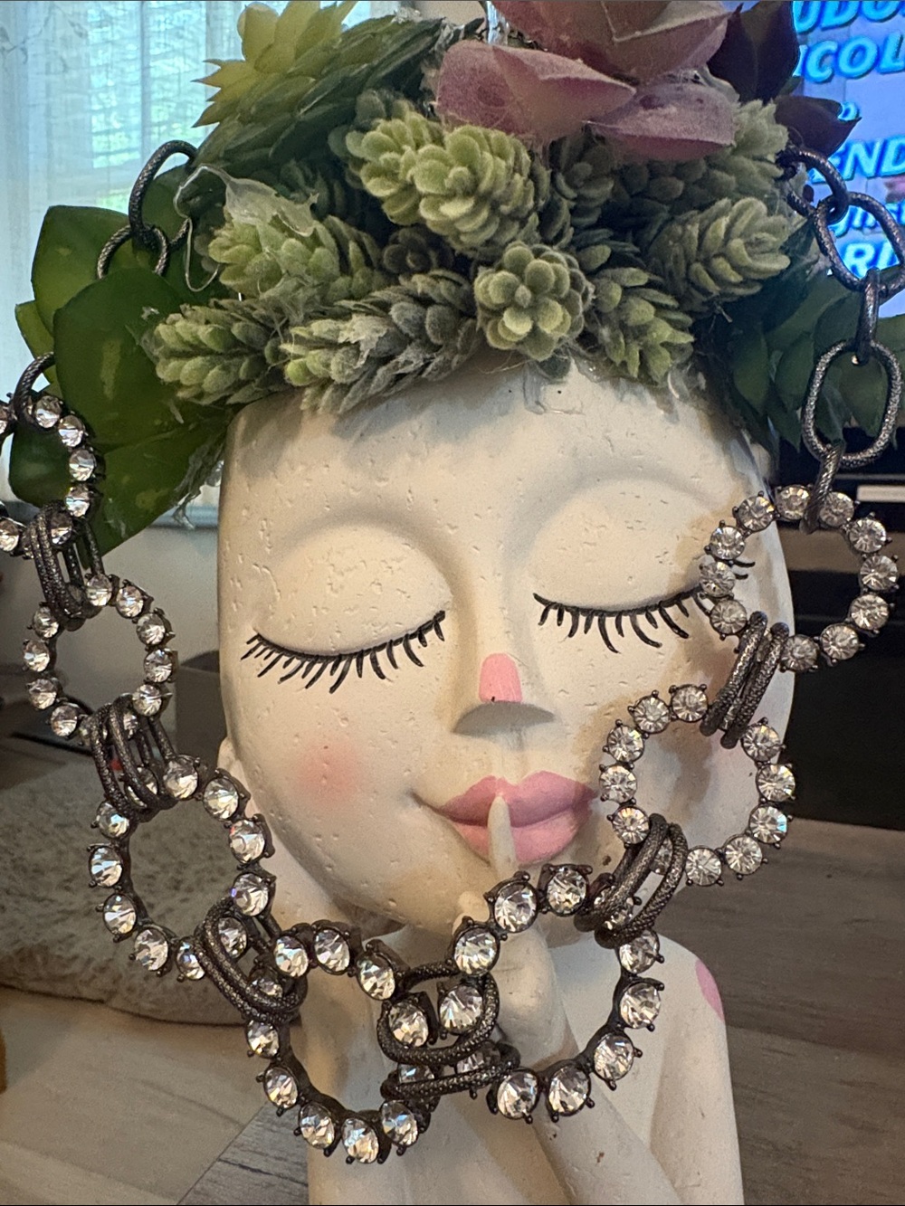 💎Handmade Sparkling Crystal Hoop Long STATEMENT NECKLACE-VINTAGE PIECE 🎀EUC